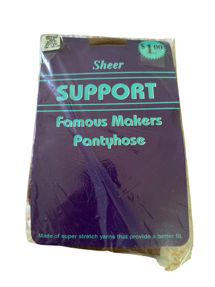 Famous Makers Vintage Sheer Support Pantyhose Suntan Med/Tall 130-160 lbs NEW