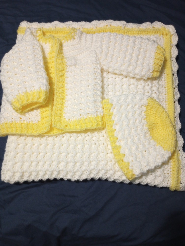 Newborn Knit Crochet Layette Set 3-Piece Sweater Blanket Hat White Blue