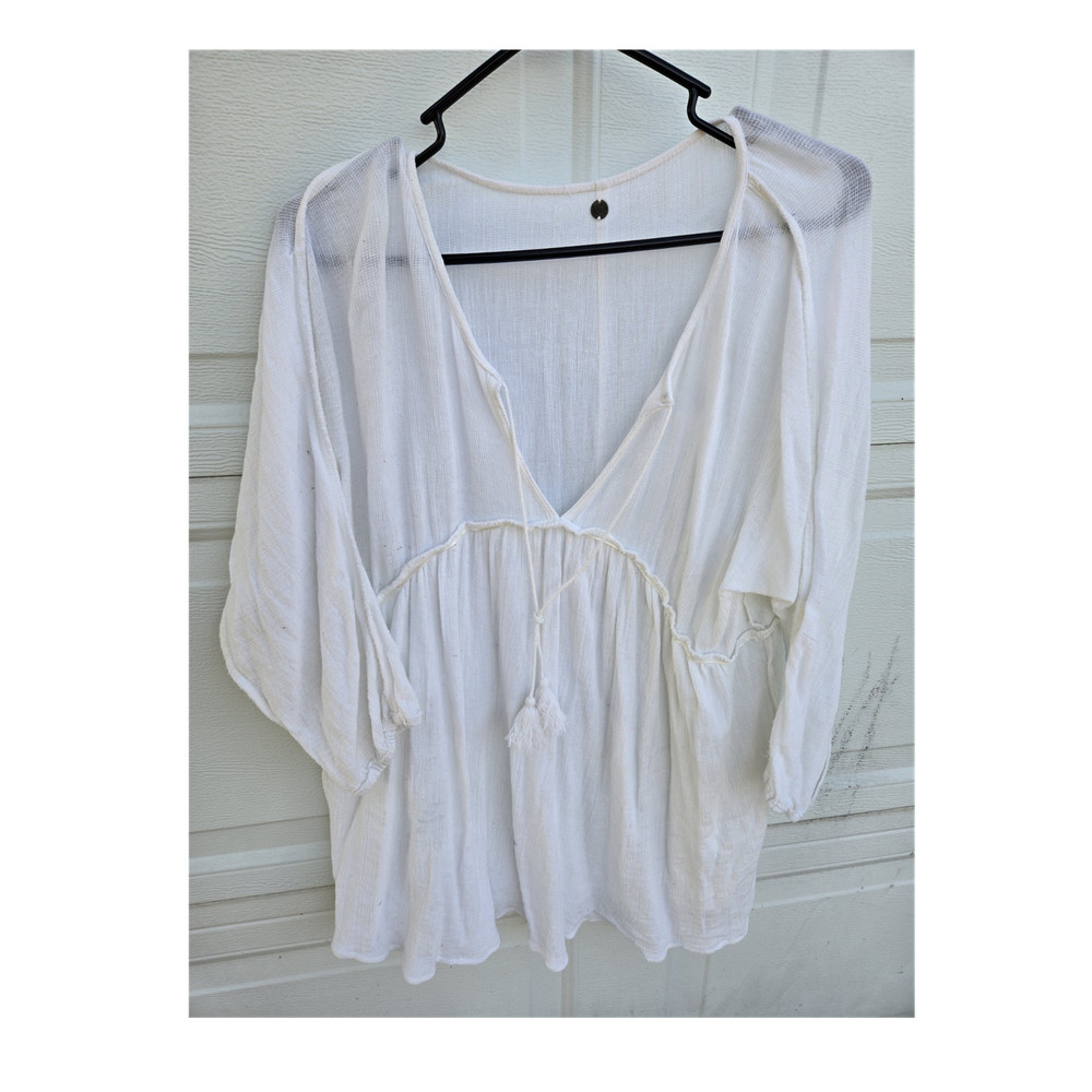Billabong Women’s White Gauze Tunic Blouse V-Neck 3/4 Sleeve Tassel One Size