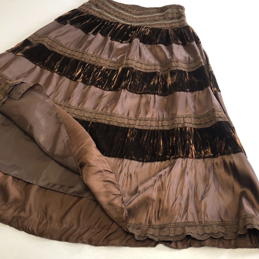 Carole Little Boho Peasant Gypsy Tiered Skirt Sz 8 Midi Brown Satin Velvet Lace
