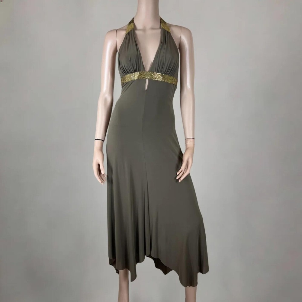 BCBG Earth Brown Halter Sequined Stretch Jersey Midi Dress Size XS