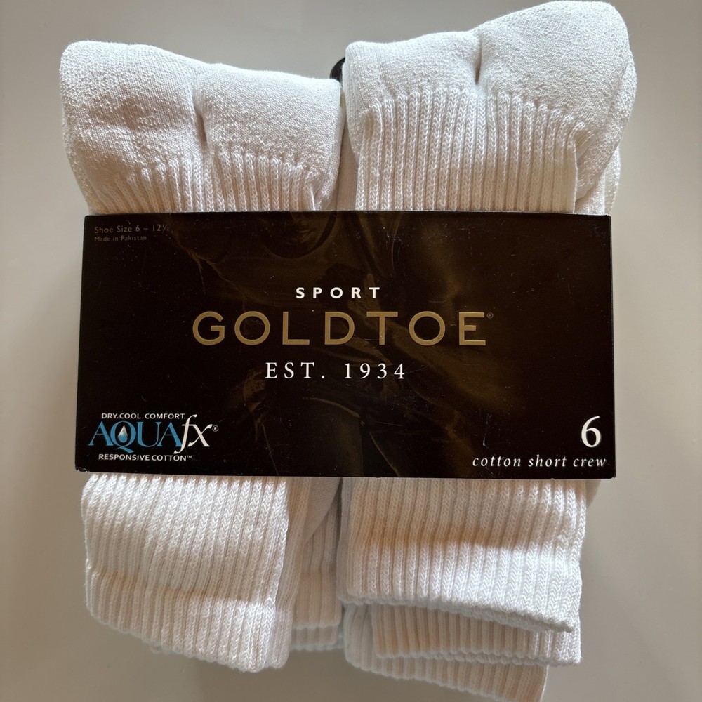 NEW Mens 6 Pair Gold Toe White Sport Cotton Short Crew Socks Aquafx Size 6 -12.5