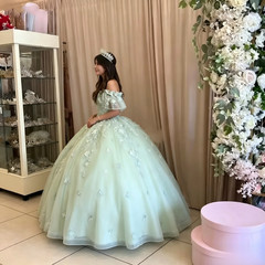 Mint Green Off Shoulder Floral Quinceanera Gown Puff Sleeve Tulle Ball Gown