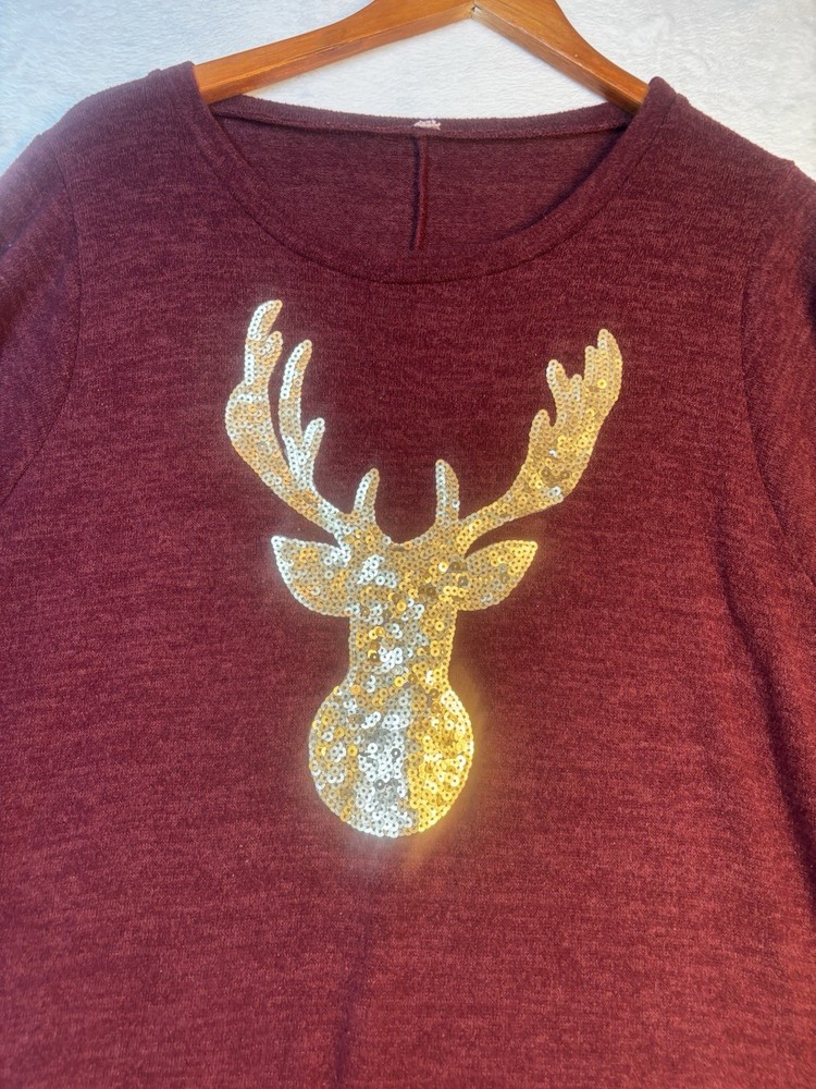 Holiday Shirt Burgundy Gold Sequin Reindeer Women’s XL Top Shirt Ugly Sweater