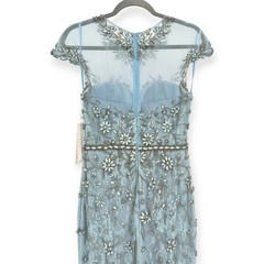 Elegant Blue Lace Ball Dress with Illusion Collar Crystal Decal Evening Gown