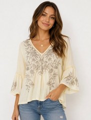 Johnny Was Los Angeles V-Neck Bell Sleeve Embroidered Blouse