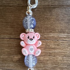 Pink Bear Beaded Key Chain Keyring w Clip, Purple Glitter Beads Silver Tone