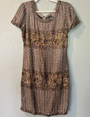 Theo Miles Brown Gold Sheath Dress Beaded Sequin Scoop Neck Silk Lined 8