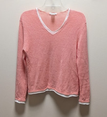 Avalin 100% Linen Sweater Women Small Pink Coral V-Neck Layered Trim Knit