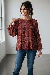 Maxi Studio Women’s Pleated Printed Crepe Top Red Flare Sleeves Size M Boho