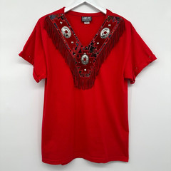 Vintage Western Top Shirt Size Large Stretch Embroidered Suede Fringe Concho USA