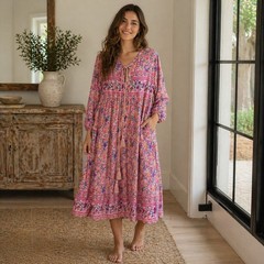 R Vivimos Floral Midi Dress Women 8/10 Bohemian Tassel Peasant Long Sleeve Boho