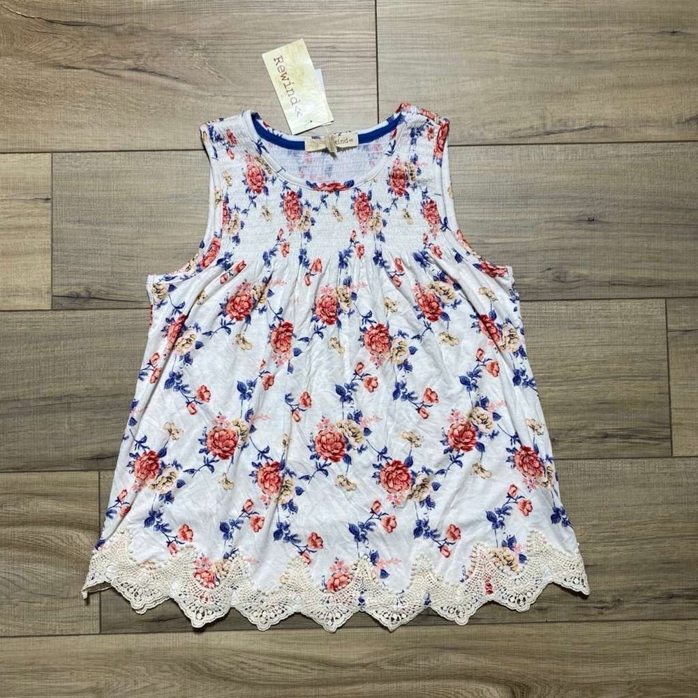 Rewind Womens Floral Crochet Lace Hem Tank Top Size Small