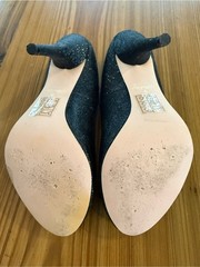 Hello Kitty Black Glitter 4 inch Peep Toe Heels with Bow and Silver Charm