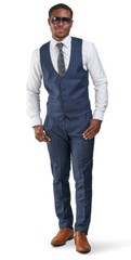 Slim Fit 2 Button Navy Blue Windowpane Mens Suit 3 Piece Vested 35071 AZARMAN