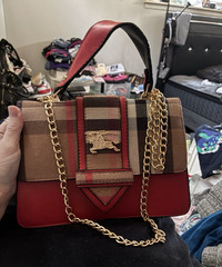 Burberry Red Plaid Top Handle Bag w/ Gold Hardware & Chain Strap, Magnetic