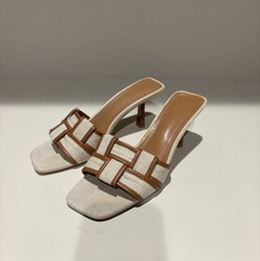 Beige And Brown Canvas Fabric Mules Size 39 US 8.5