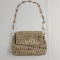 Crochet Works Shoulder Bag Purse Tan Beaded Strap Small Boho Knit Neutral