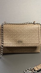 GUESS Beige/Brown Logo Print Small Crossbody Bag w/ Chain Strap, Magnetic
