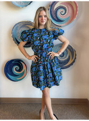 &merci Black/Blue/Green/Pink Floral Square Neck Puff Sleeve Fit & Flare Dress S