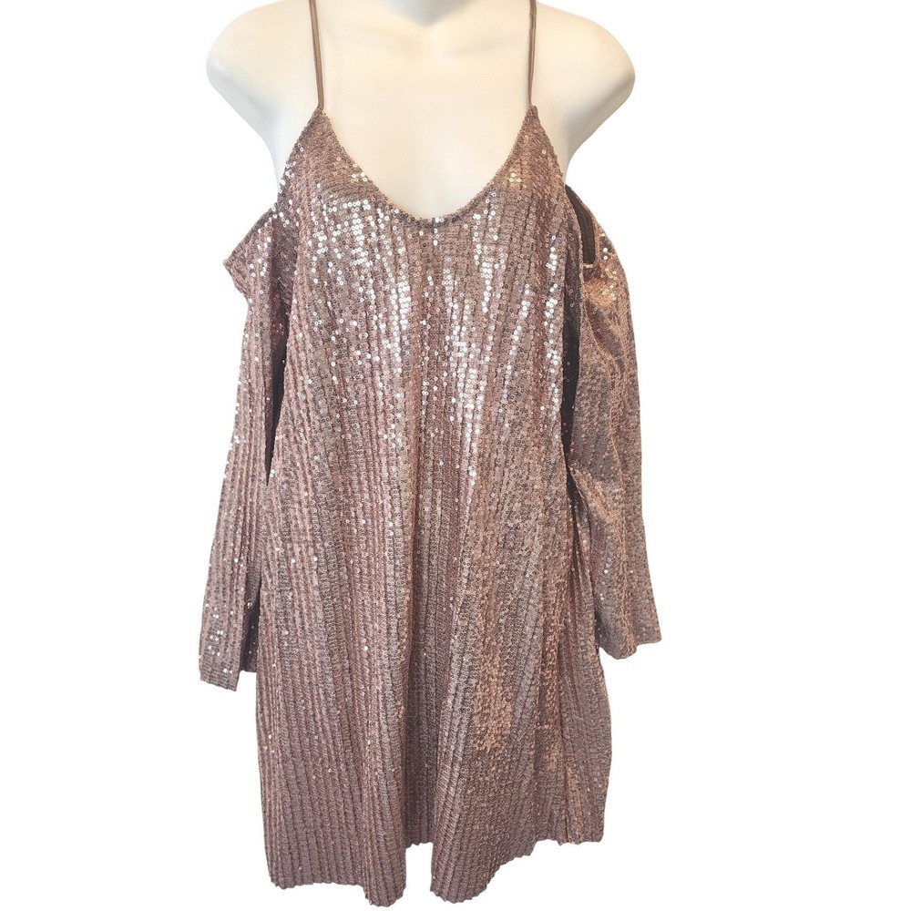 Nasty Gal Rose Gold Sequin Cold Shoulder Mini Dress Womens Large NWT