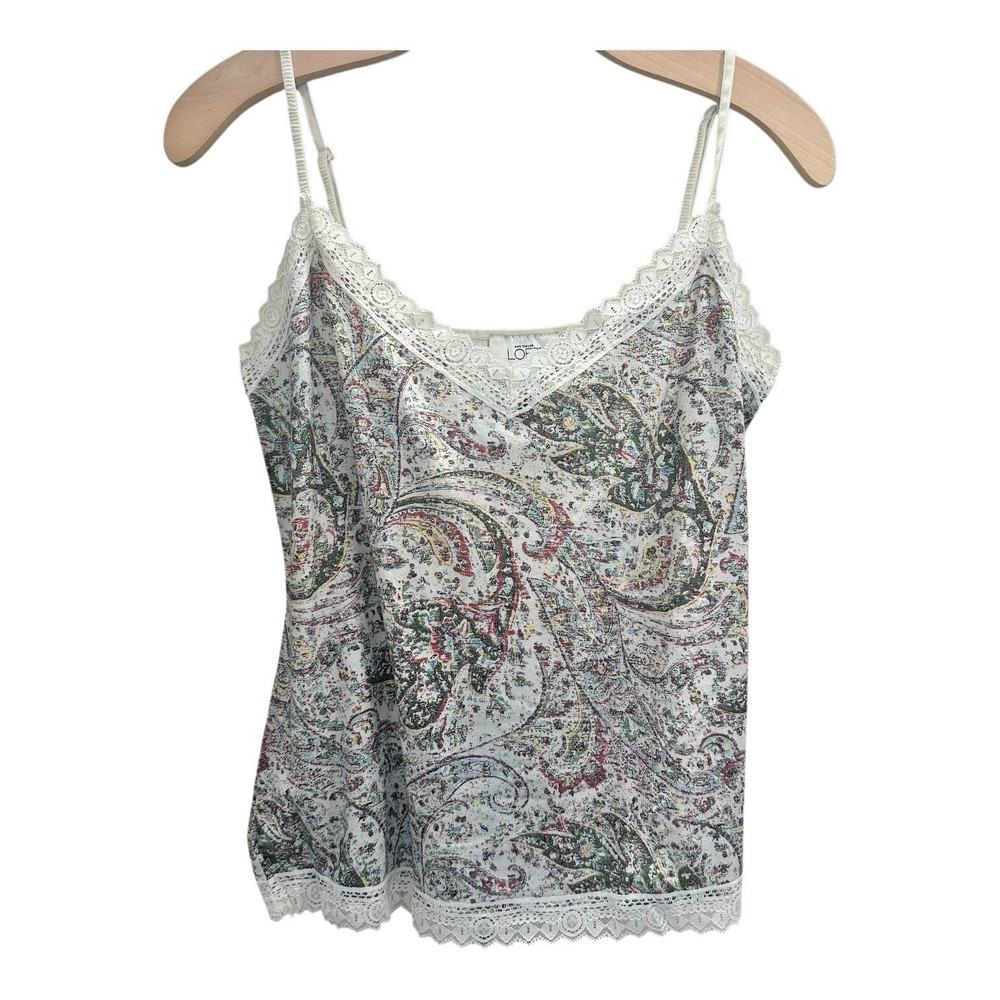 Ann Taylor LOFT Paisley Camisole Top Sz L Lace Trim Spaghetti Strap Y2K