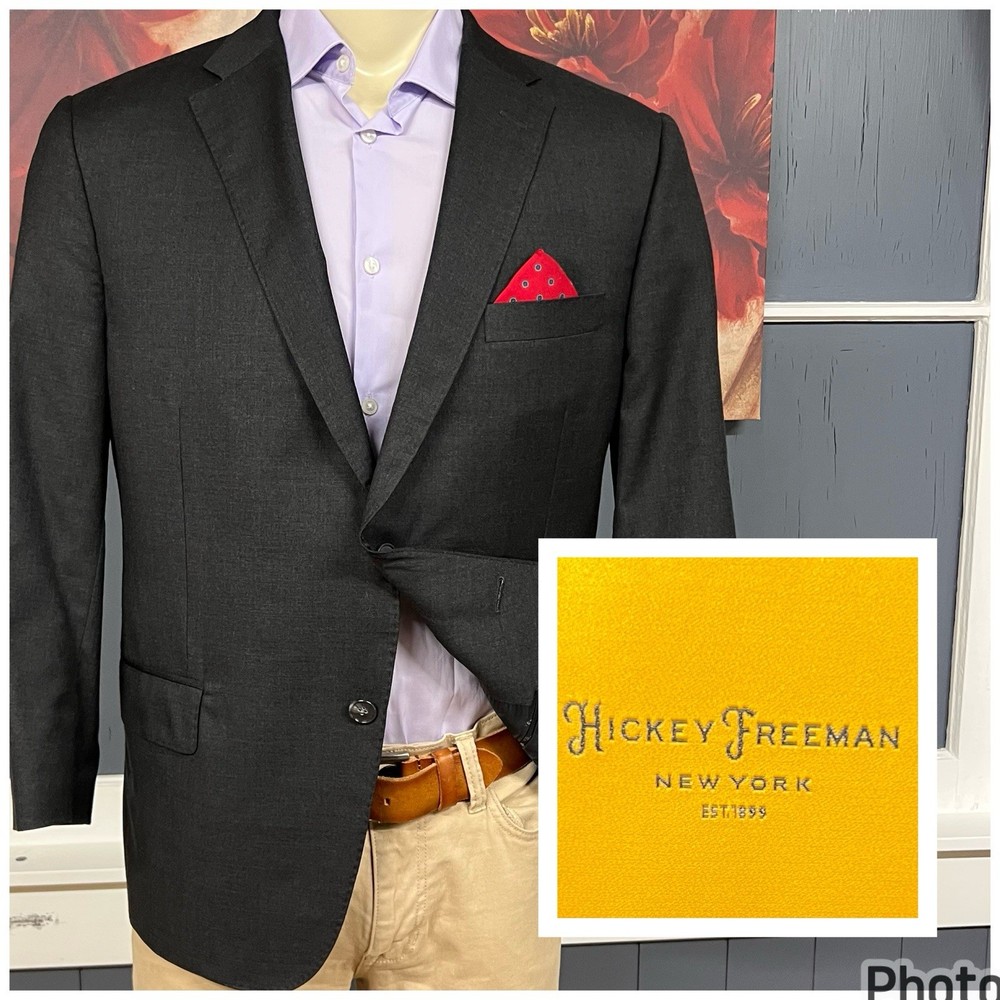 Hickey Freeman Suit Top Blazer Sport Coat Mens 44S Short Wool Dark Charcoal