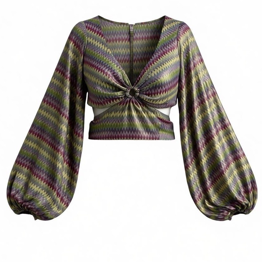 Urban Outfitters Knot Cutout Crop Top Long Balloon Sleeve Metallic Ties – AC