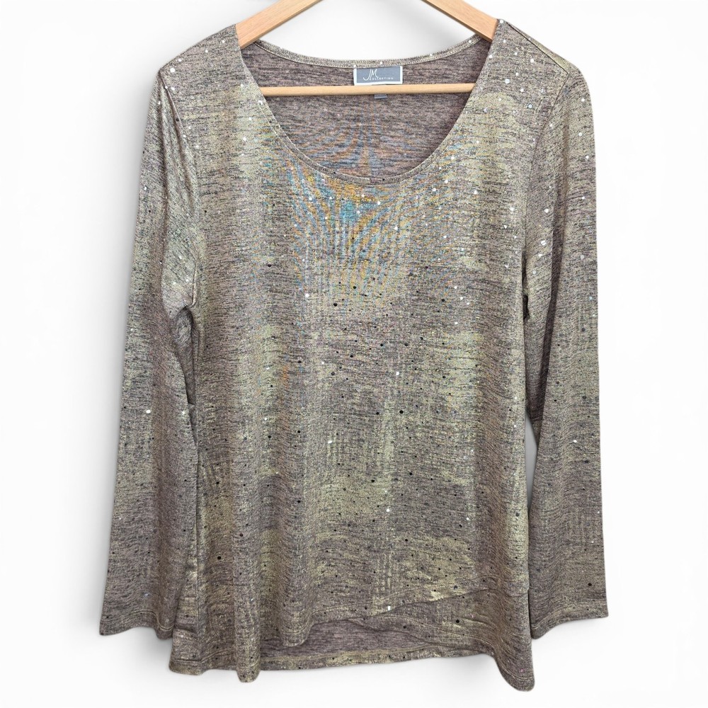 JM Collection Top Womens Medium Gold Shimmer Scoop Neck Blouse Semi Sheer