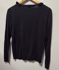 Talbots Women’s Petite Small Black Round Neck Cardigan Ruffle Trim Silk Blend