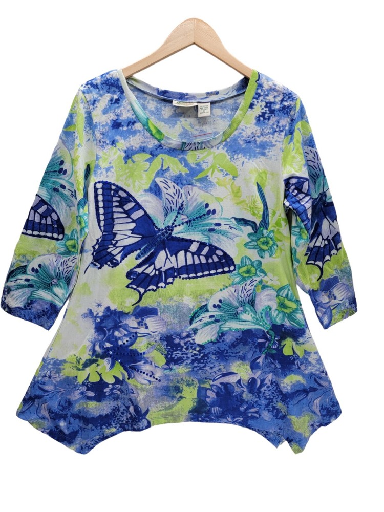 NWT Collections ETC Butterfly Floral Blue & Green 3/4 Sleeve Top Size-M