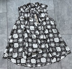 Robert Kitchen Black White Print Tie Neck Top Blouse Sz M Sleeveless Hi-Low NWT