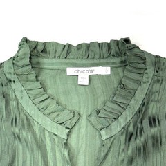 Chico’s Green Pleated Button Up Blouse Size 3 XL Balloon Sleeves Flowy Boho