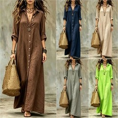 NEW Shirt-collar Floor-length Casual Simple Long Dress Sizes S-4XL