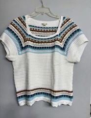 a.n.a White/Blue/Brown Striped Crochet Open-Knit Pullover Sweater Womens XL