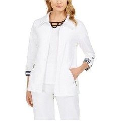 Karen Scott Sport White Zip Front Knit Jacket Nautical Striped Trim XXL NWT