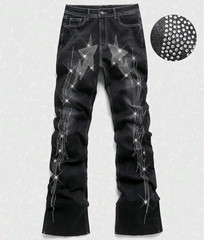 New Men Luxury Jeans Diamond Stars Rhinestones Black Denim Trousers High Quality