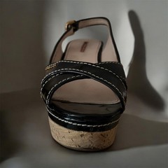 PRADA Black Patent Leather Slingback Wedge Sandals Cork Heel Size EU 39