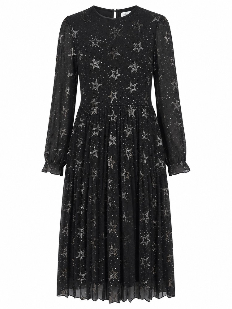 Sonder Studio Celestial Star Print Midi Dress UK 12 Black Sparkle Long Sleeve