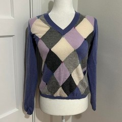 Charter’s Club Multicolor Argyle Cashmere V Neck Sweater with Hearts Size Small