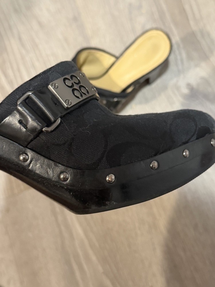 Coach Black Signature Logo Canvas & Leather Mule Slip-On Studded Buckle US 8B