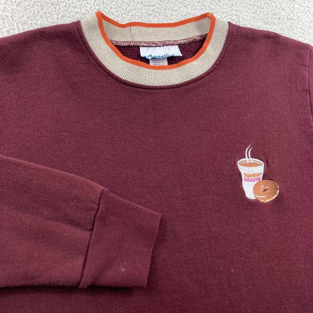 Vintage Dunkin Donuts Sweatshirt Men Medium Burgundy Striped Collar Coffee USA