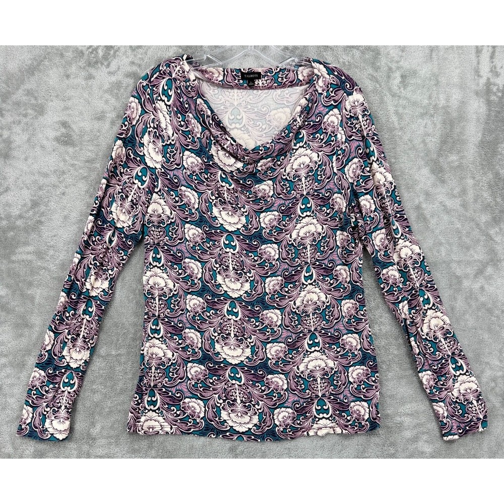 Talbots Top Womens Large Floral Cowl Neck Stretch Knit Pullover Floral Office