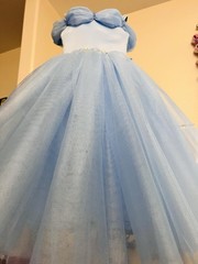 Girls Size 4 Blue Tulle Ball Gown Long Sleeveless Bow Beaded Rhinestone