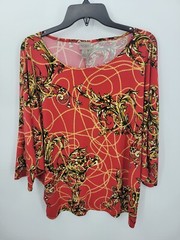 Chicos Top Womens XL 3 Red Black Print Boat Neck Dolman Sleeve Art to Wear Shirt