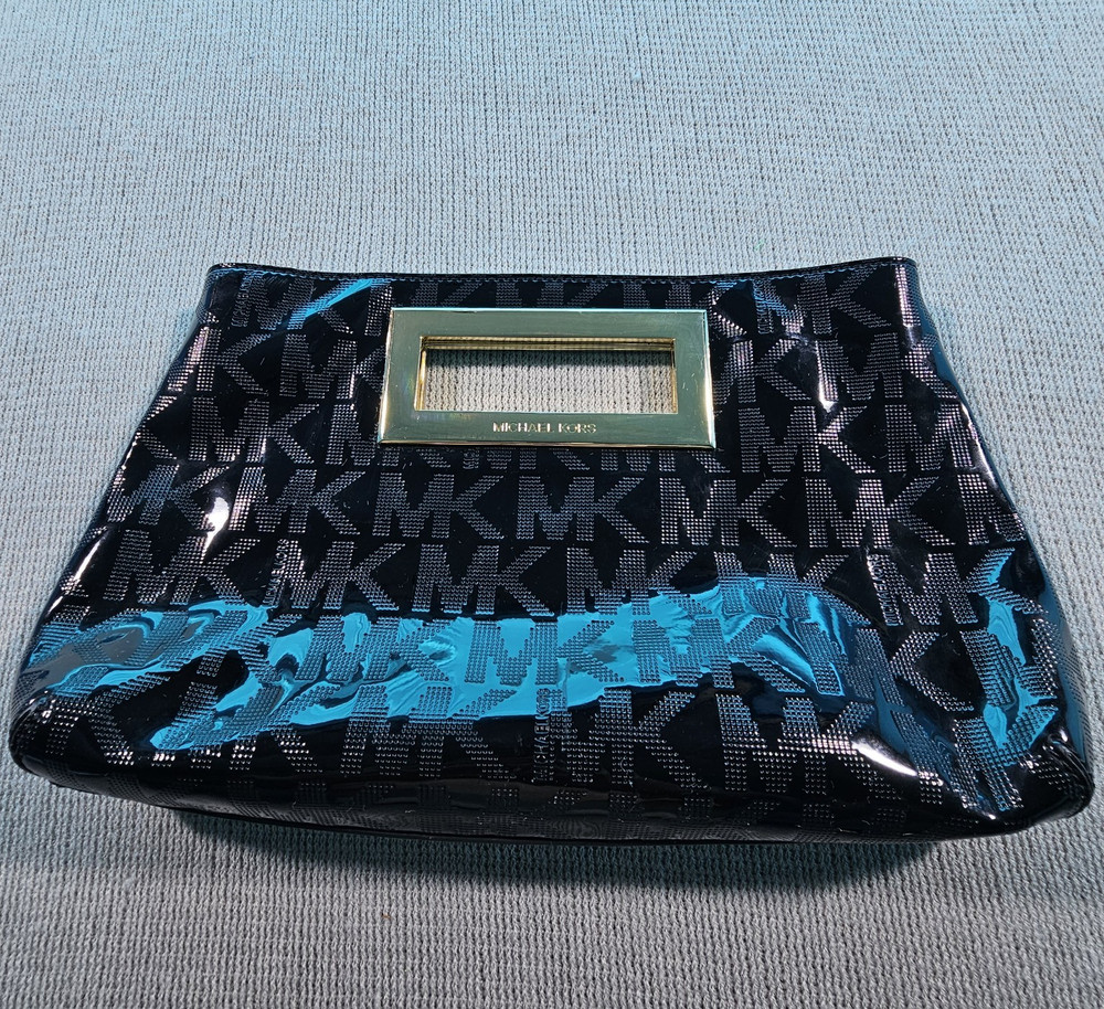 Michael Kors MK Monogram Zip Clutch Pouch Black/Blue Gold Hardware Mirror