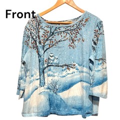 Collections Etc sz XL Blue Snowy Owl Family Novelty Top Beaded Winter