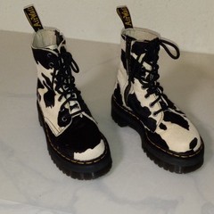 Dr. Martens Black/White Cow Print Leather Combat Ankle Boots Lace Up Zip 4
