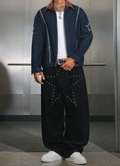 New Men Luxury Diamond Star Rhinestones Denim Navy Blue Zip Jacket High Quality