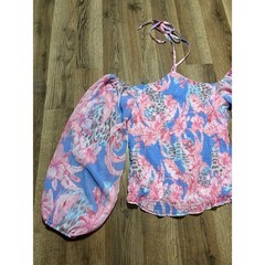 Venus Blouse Women Medium Pink Blue Floral Animal Print Smocked Halter Excellent